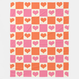 Chequerboard Hearts in Pink, Orange, and Cream Fleece Blanket