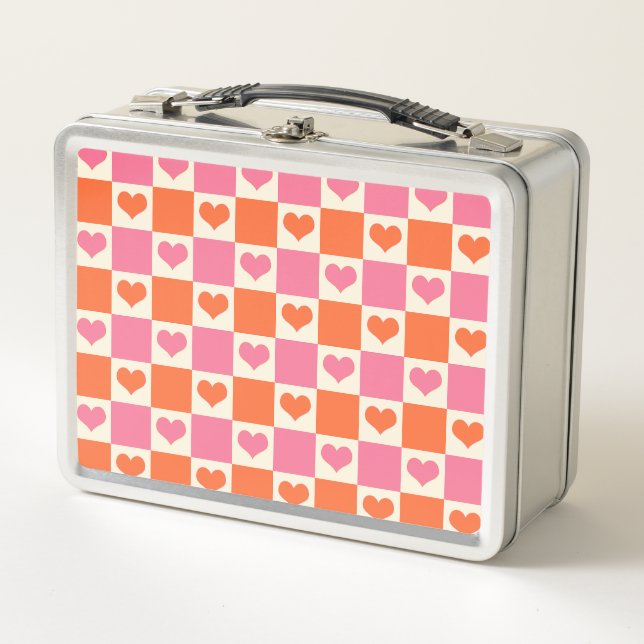 Chequerboard Hearts in Pink, Orange, and Cream Metal Lunch Box (Front)