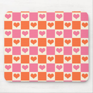 Chequerboard Hearts in Pink, Orange, and Cream Mouse Mat