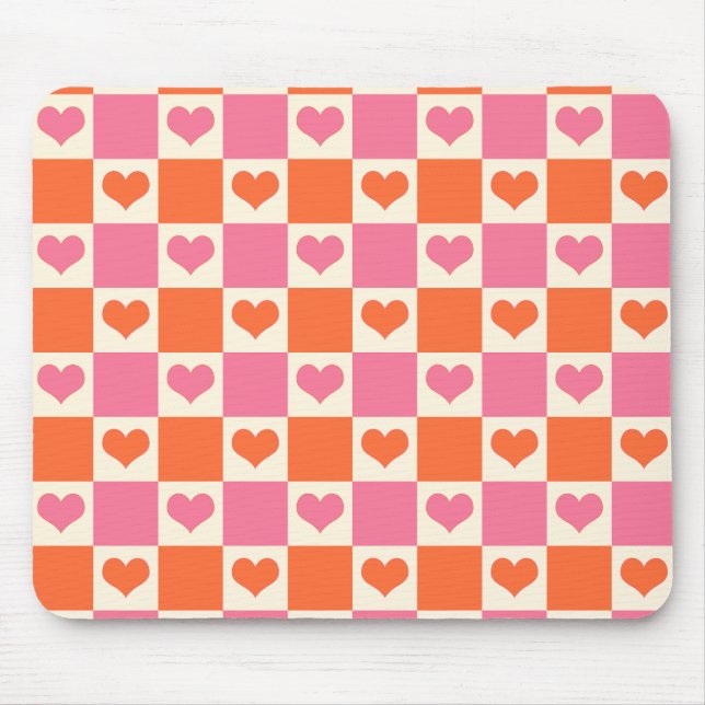 Chequerboard Hearts in Pink, Orange, and Cream Mouse Mat (Front)