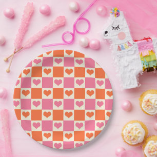 Chequerboard Hearts in Pink, Orange, and Cream Paper Plate