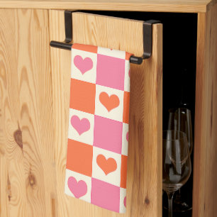 Chequerboard Hearts in Pink, Orange, and Cream Tea Towel