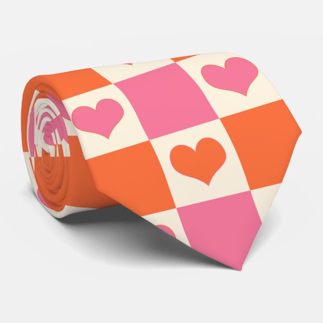Chequerboard Hearts in Pink, Orange, and Cream Tie (Rolled)