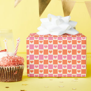Chequerboard Hearts in Pink, Orange, and Cream Wrapping Paper
