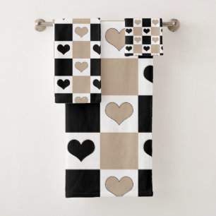 Chequerboard Hearts in Taupe, Black, and White Bath Towel Set