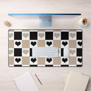 Chequerboard Hearts in Taupe, Black, and White Desk Mat
