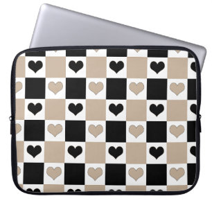 Chequerboard Hearts in Taupe, Black, and White Laptop Sleeve