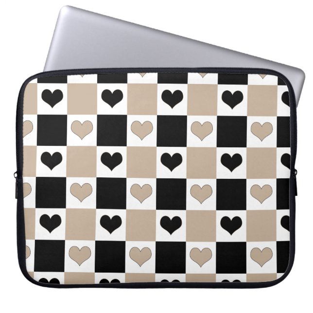 Chequerboard Hearts in Taupe, Black, and White Laptop Sleeve (Front)