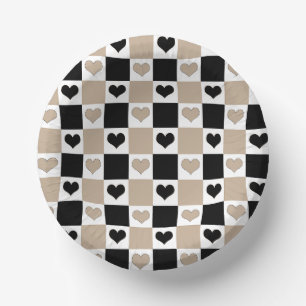 Chequerboard Hearts in Taupe, Black, and White Paper Plate