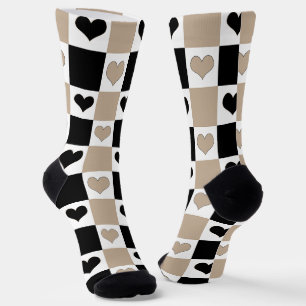Chequerboard Hearts in Taupe, Black, and White Socks