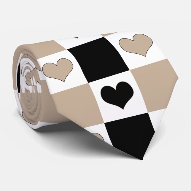 Chequerboard Hearts in Taupe, Black, and White Tie (Rolled)