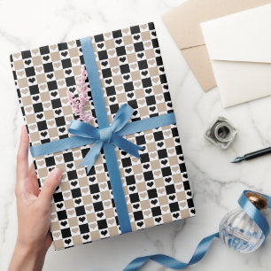 Chequerboard Hearts in Taupe, Black, and White Wrapping Paper