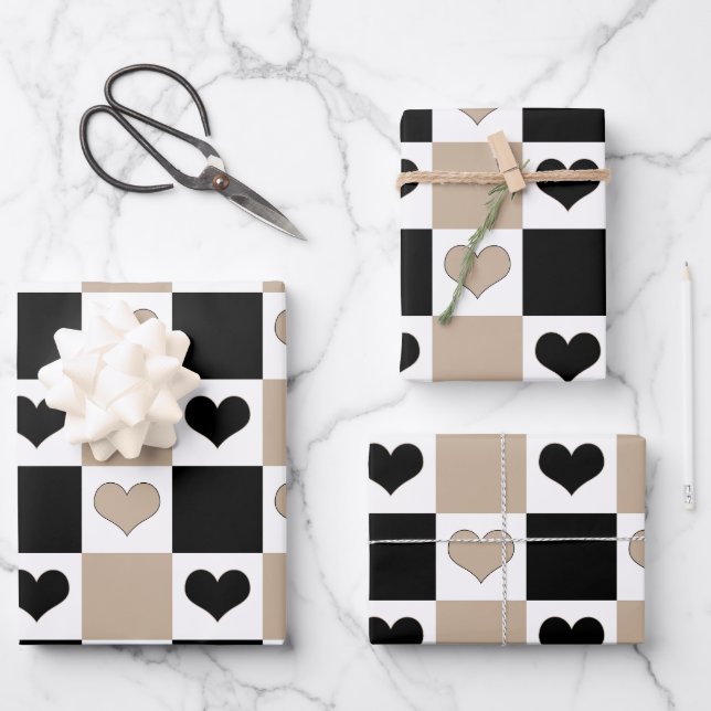 Chequerboard Hearts in Taupe, Black, and White Wrapping Paper Sheet (Front)