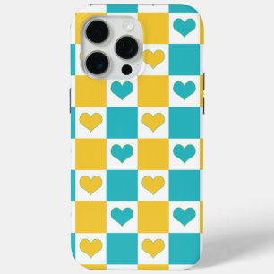 Chequerboard Hearts in Turquoise and Yellow iPhone 15 Pro Max Case