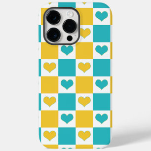 Chequerboard Hearts in Turquoise and Yellow Case-Mate iPhone 14 Pro Max Case