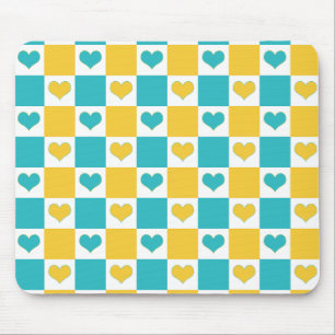 Chequerboard Hearts in Turquoise and Yellow Mouse Mat