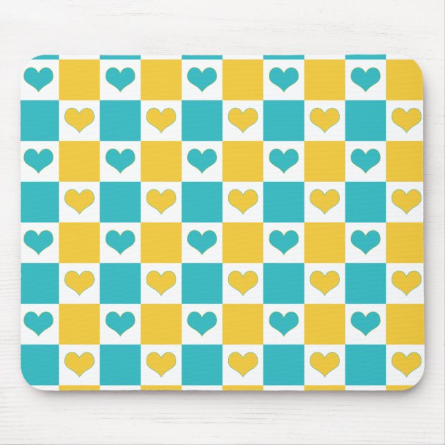Chequerboard Hearts in Turquoise and Yellow Mouse Mat (Front)