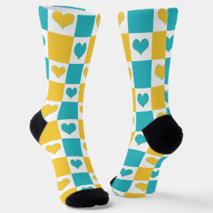 Chequerboard Hearts in Turquoise and Yellow Socks