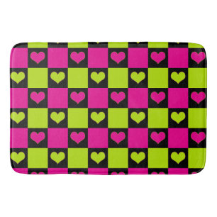 Chequerboard Hearts - Lime Green, Hot Pink & Black Bath Mat