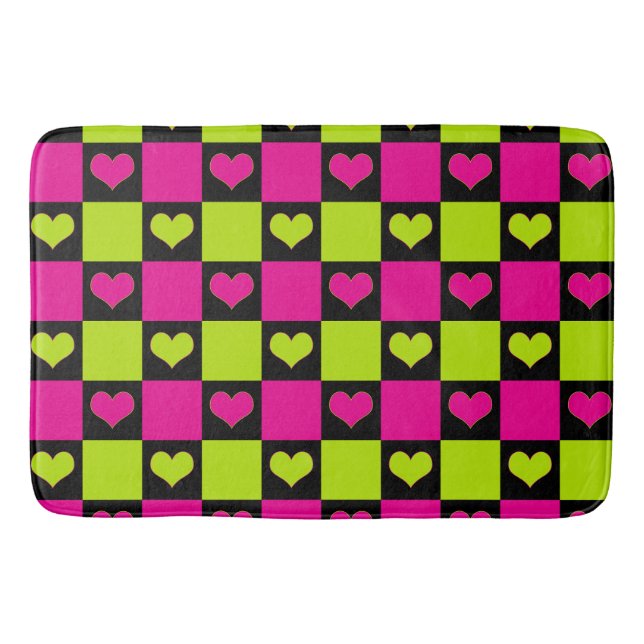 Chequerboard Hearts - Lime Green, Hot Pink & Black Bath Mat (Front)