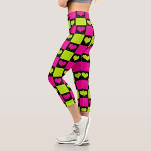 Chequerboard Hearts - Lime Green, Hot Pink & Black Capri Leggings