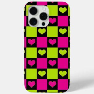 Chequerboard Hearts - Lime Green, Hot Pink & Black iPhone 15 Pro Max Case