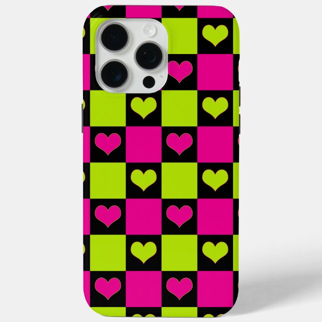 Chequerboard Hearts - Lime Green, Hot Pink & Black Case-Mate iPhone Case (Back)