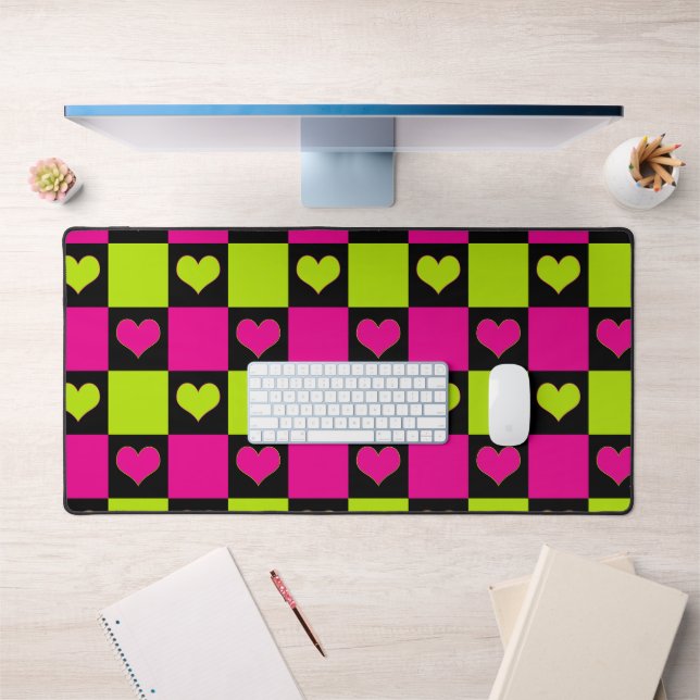 Chequerboard Hearts - Lime Green, Hot Pink & Black Desk Mat (Office 1)