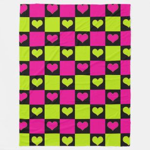 Chequerboard Hearts - Lime Green, Hot Pink & Black Fleece Blanket