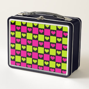 Chequerboard Hearts - Lime Green, Hot Pink & Black Metal Lunch Box