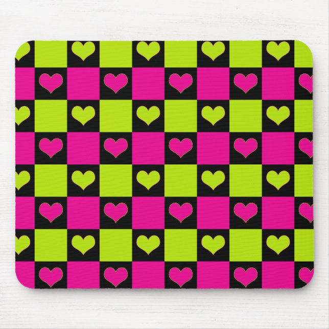 Chequerboard Hearts - Lime Green, Hot Pink & Black Mouse Mat (Front)