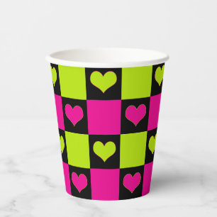 Chequerboard Hearts - Lime Green, Hot Pink & Black Paper Cups