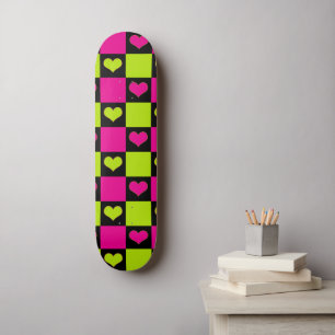 Chequerboard Hearts - Lime Green, Hot Pink & Black Skateboard