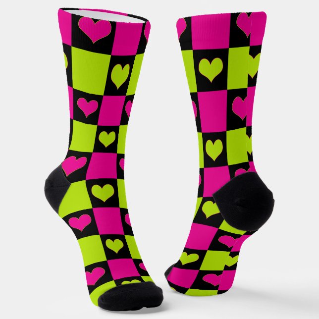Chequerboard Hearts - Lime Green, Hot Pink & Black Socks (Angled)