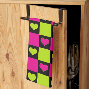 Chequerboard Hearts - Lime Green, Hot Pink & Black Tea Towel