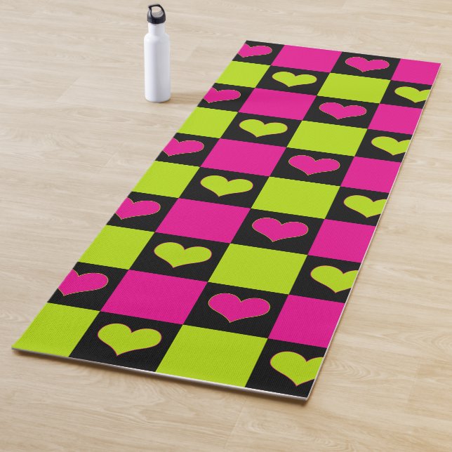 Chequerboard Hearts - Lime Green, Hot Pink & Black Yoga Mat (In Situ)