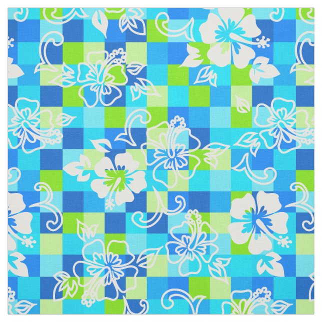 Chequerboard Hibiscus Hawaiian Floral Fabric (Swatch)