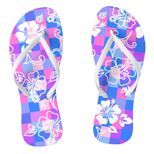 Chequerboard Hibiscus Hawaiian Floral Flip Flops (Footbed)