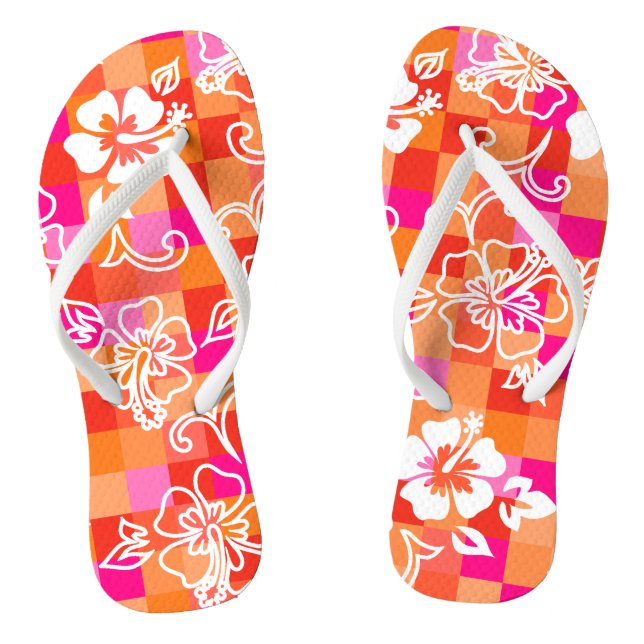 Chequerboard Hibiscus Hawaiian Floral Flip Flops (Footbed)