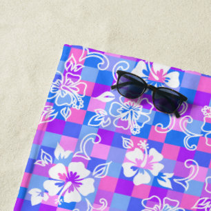 Chequerboard Hibiscus Hawaiian Floral - Periwinkle Beach Towel