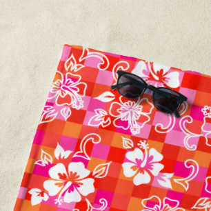 Chequerboard Hibiscus Hawaiian Floral - Red Beach Towel
