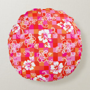 Chequerboard Hibiscus Hawaiian Floral Round Cushion