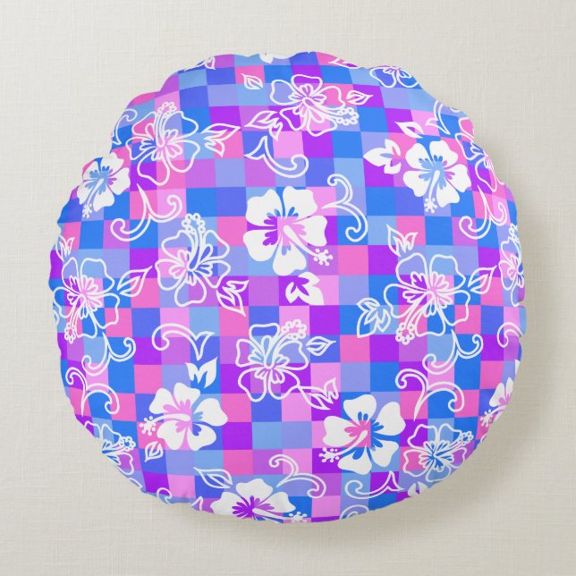 Chequerboard Hibiscus Hawaiian Floral Round Cushion (Front)