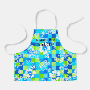 Chequerboard Hibiscus Hawaiian Floral Turquoise Apron