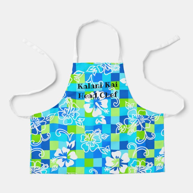 Chequerboard Hibiscus Hawaiian Floral Turquoise Apron (Front)