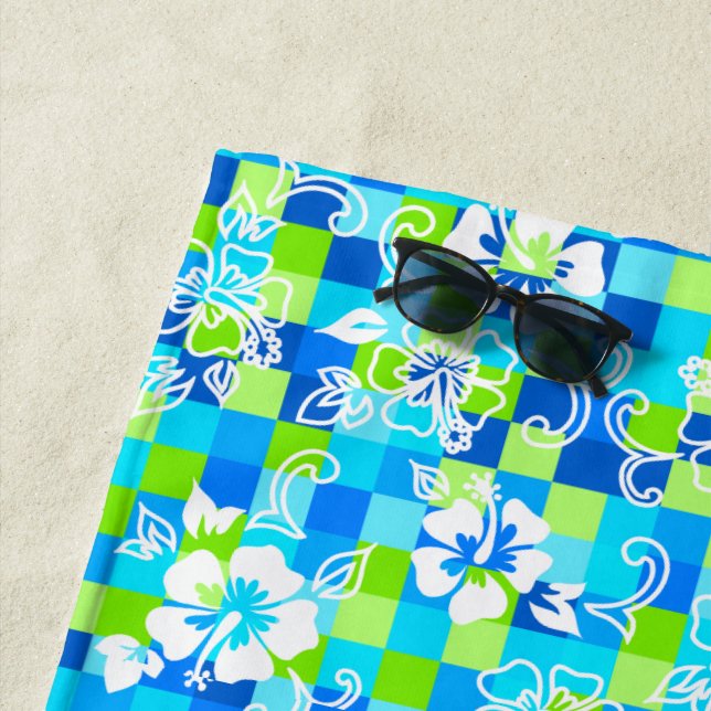 Chequerboard Hibiscus Hawaiian Floral - Turquoise Beach Towel (In Situ)