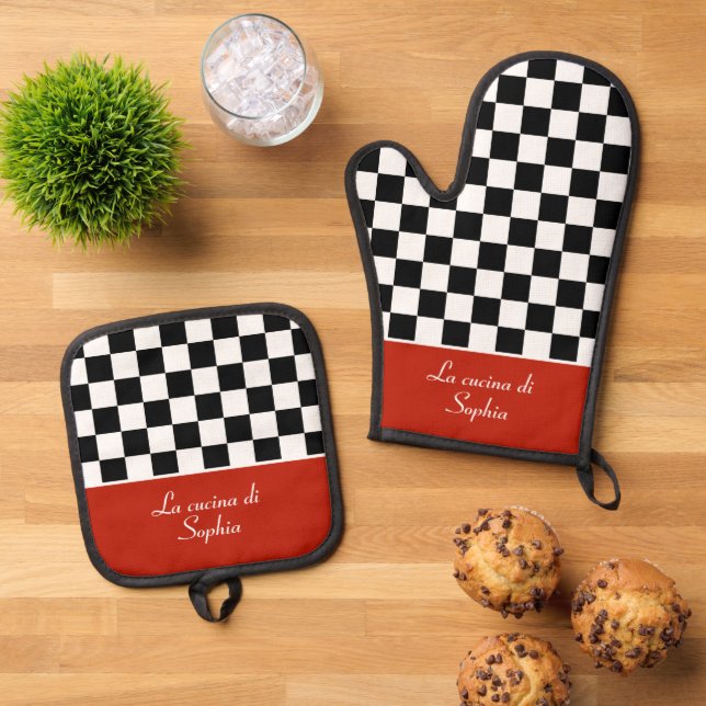 Chequerboard Italian Kitchen Chef with Name Oven Mitt & Pot Holder Set (Top Down)