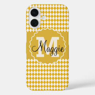 Chequerboard Mustard and Cream with Name Monogram iPhone 16 Case