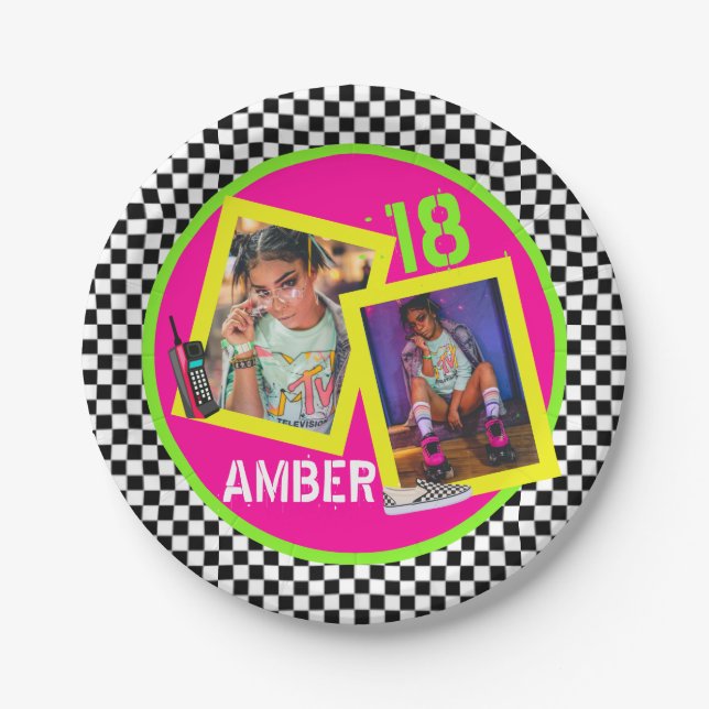 Chequerboard|Neon 80's|90's Hip Hop Birthday Photo Paper Plate (Front)