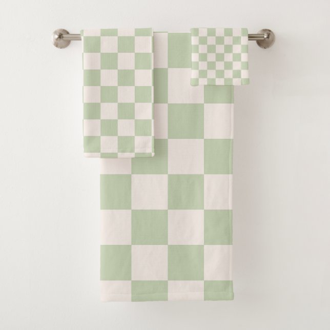 Chequerboard Pastel Green Chequered Sage Check Bath Towel Set (Insitu)